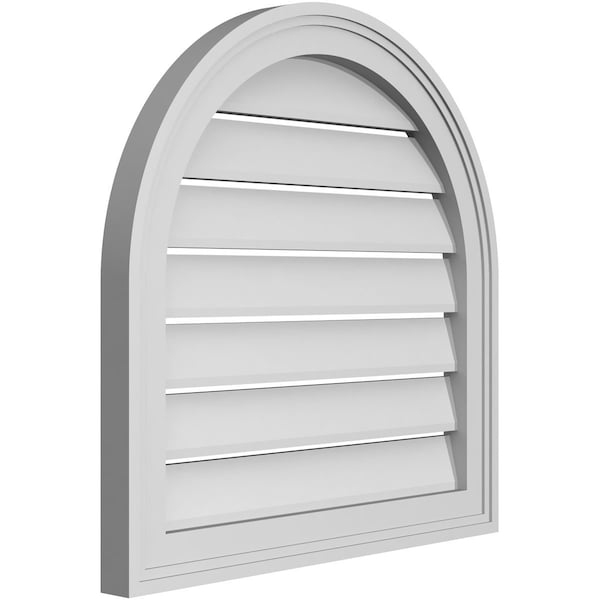 Round Top Surface Mount PVC Gable Vent: Functional, W/ 2W X 1-1/2P Brickmould Frame, 22W X 22H